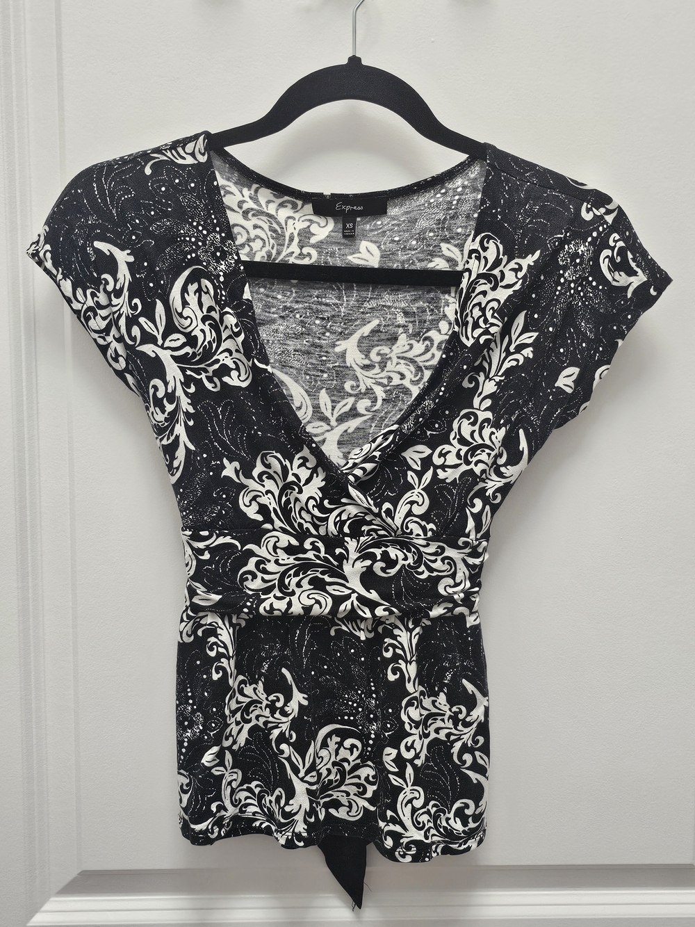 Express Black and White Floral Wrap Blouse